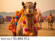 Decorated camel posing at pushkar fair in rajasthan, india. Стоковое AI-изображение, AI-художник Иван Рябоконь / Фотобанк Лори