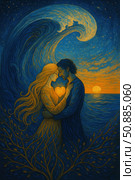 An art illustration in warm and cool tones depicting a man and a woman standing in an embrace against the backdrop of the sea, sunset and starry sky. A symbolic heart glows between them, connecting their souls. A wave rises behind the couple, forming a crescent moon. Their figures turn into tree branches, as if roots grow from their unity. Symbolism of love, harmony, elemental energy and inner connection. Suitable for themes of love, feelings, meditation, spirituality and unity. Стоковое AI-изображение, AI-художник Анна Кривицкая / Фотобанк Лори