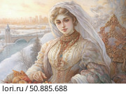 The painting in the style of academic realism depicts a young woman in a luxurious historical outfit against the backdrop of a winter landscape. Her image combines nobility and softness, and the jewelry and outfit refer to the traditions of the Russian nobility. In the background is a snow-covered city with a river and a bridge, giving the composition a fairy-tale atmosphere. Suitable for themes of cultural heritage, female portrait, winter romance and retro style. Стоковое AI-изображение, AI-художник Анна Кривицкая / Фотобанк Лори