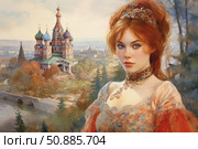 A picturesque portrait of a young woman with red hair in a traditional Russian dress and exquisite jewelry against the backdrop of an architectural landmark, St. Basil's Cathedral in Moscow. The image resembles a noble lady or a fairy-tale princess from Russian legends. The warm autumn palette, soft light, historical atmosphere and expressive female image make the image especially suitable for the themes of culture, heritage, fairy tales and romance. Стоковое AI-изображение, AI-художник Анна Кривицкая / Фотобанк Лори
