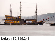 Зимнем днем в тумане у причала стоит вмерзший в лед древний фрегат. Стоковое фото, фотограф Pukhov K / Фотобанк Лори