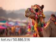 Decorated camel posing at the pushkar fair in india. Стоковое AI-изображение, AI-художник Иван Рябоконь / Фотобанк Лори