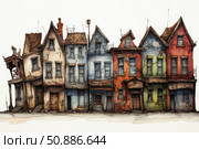 Row of deteriorating colorful buildings showing urban decay. Стоковое AI-изображение, AI-художник Иван Рябоконь / Фотобанк Лори