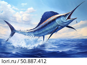 Majestic sailfish jumping out of ocean water with fishing hook. Стоковое AI-изображение, AI-художник Иван Рябоконь / Фотобанк Лори