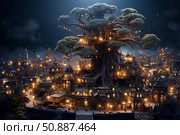 Giant tree sheltering illuminated city at night. Стоковое AI-изображение, AI-художник Иван Рябоконь / Фотобанк Лори