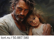 Father embracing daughter with protective and loving gesture. Стоковое AI-изображение, AI-художник Иван Рябоконь / Фотобанк Лори