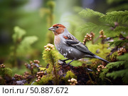 Common rosefinch perched on mossy branch observing lush green forest. Стоковое AI-изображение, AI-художник Иван Рябоконь / Фотобанк Лори