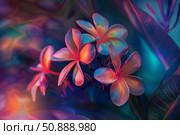 Vibrant frangipani flowers blooming in neon light, tropical paradise unveiled. Стоковое AI-изображение, AI-художник Иван Рябоконь / Фотобанк Лори