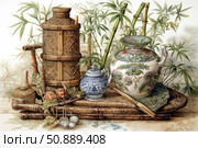 Finely executed watercolor illustration with elements of oriental culture: exquisite hand-painted porcelain teapots, bamboo stems, wickerware and traditional accessories against a background of bamboo leaves. The composition conveys the spirit of the tea ceremony, harmony with nature and the aesthetics of tranquility. Suitable for themes related to Asian art, interior, tea and cultural traditions of the East. Стоковое AI-изображение, AI-художник Анна Кривицкая / Фотобанк Лори