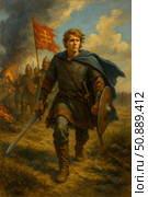 Heroic historical scene: a young warrior with a sword and shield goes forward at the head of his squad, a red banner flutters behind him and armed warriors follow. The background is filled with battle smoke and flames, enhancing the drama of the moment. The painting is painted in the style of academic painting, conveying an atmosphere of determination, courage and struggle for a just cause. Suitable for historical and military themes, book covers, films and board games. Стоковое AI-изображение, AI-художник Анна Кривицкая / Фотобанк Лори