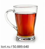 Glass cup of tea with handle on white background. Стоковое AI-изображение, AI-художник Иван Рябоконь / Фотобанк Лори