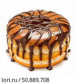 Delicious round cake covered with chocolate drizzle on white background. Стоковое AI-изображение, AI-художник Иван Рябоконь / Фотобанк Лори