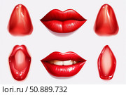 Red lips and lipgloss drops showing different mouth expressions. Стоковое AI-изображение, AI-художник Иван Рябоконь / Фотобанк Лори