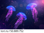 Glowing jellyfish swimming in deep ocean with bioluminescent lights. Стоковое AI-изображение, AI-художник Иван Рябоконь / Фотобанк Лори