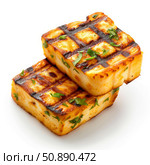 Delicious grilled halloumi cheese with herbs on white background. Стоковое AI-изображение, AI-художник Иван Рябоконь / Фотобанк Лори