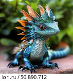 An adorable fantasy baby dragon with turquoise scales, bright eyes and fantastic crests on his head. He looks friendly and curious, sitting against a background of green foliage. The image is made in the style of digital illustration and is perfect for fairy tales, games, children's books, cards, collectible figures and animated projects. Стоковое AI-изображение, AI-художник Анна Кривицкая / Фотобанк Лори