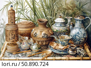 Still life with exquisite oriental and European tableware, executed in a rich color scheme with fine painting. In the foreground are decorative teapots, vases, jugs, bowls and boxes, decorated with plant and ornamental motifs. The background is formed by bamboo leaves and fabric with an oriental pattern. The composition conveys the atmosphere of cultural heritage, elegance and traditions of tea drinking. Стоковое AI-изображение, AI-художник Анна Кривицкая / Фотобанк Лори