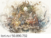 Fantastic fantasy illustration, done in watercolor with fine graphics and many details. The composition is filled with fairy-tale characters, mythical creatures, symbols and abstract elements. The atmosphere of mystery, epicness and magic makes the image suitable for book covers, board games, card collections and art projects. Стоковое AI-изображение, AI-художник Анна Кривицкая / Фотобанк Лори