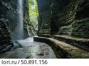 Waterfall flowing into watkins glen state park gorge in upstate new york. Стоковое AI-изображение, AI-художник Иван Рябоконь / Фотобанк Лори