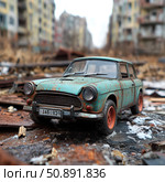 An old rusty Soviet-type car against the backdrop of a ruined city. The car is covered in corrosion spots, stands among trash and snow remnants, on the streets of an abandoned area. The atmosphere of post-apocalypse, desolation and time stopped in the past. Ideal for the themes of urban studies, decline, historical chronicles, visual stories about time and memory. Стоковое AI-изображение, AI-художник Анна Кривицкая / Фотобанк Лори