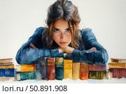 Watercolor portrait of a young woman sitting at a table with books. Her gaze is directed straight at the viewer - focused, determined, with a slight hint of stubbornness. Many colorful books create an atmosphere of intelligence and concentration. The illustration is suitable for the topics of education, self-development, feminism, motivation, as well as for the design of covers and educational materials. Стоковое AI-изображение, AI-художник Анна Кривицкая / Фотобанк Лори