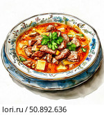 Мясной суп с овощами на белом фоне. Акварель. Стоковое AI-изображение, AI-художник Мария Ульянова / Фотобанк Лори