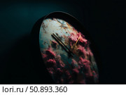 Unique clock design featuring clouds and a dark background reflects creativity and artistic expression in timekeeping. Стоковое AI-изображение, AI-художник Сергей Толмачёв / Фотобанк Лори