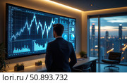 A man in a suit is looking at a computer screen with a lot of graphs and numbers. Стоковое AI-изображение, AI-художник Ярославский Максим / Фотобанк Лори