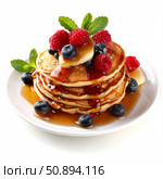 Delicious pancakes topped with fresh fruit and syrup for breakfast. Стоковое AI-изображение, AI-художник Иван Рябоконь / Фотобанк Лори