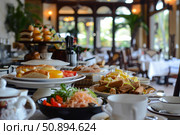 Delicious breakfast buffet inviting guests to indulge in a variety of morning treats. Стоковое AI-изображение, AI-художник Иван Рябоконь / Фотобанк Лори