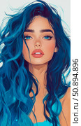Portrait: A Girl with Flowing Blue Hair and Piercing Azure Eyes. Стоковое AI-изображение, AI-художник Данила Большаков / Фотобанк Лори