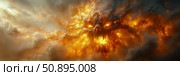 Inferno of the Fallen: a demonic entity consumed by raging flames, emerging from a smoky abyss. Стоковое AI-изображение, AI-художник Данила Большаков / Фотобанк Лори