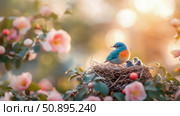 Springtime Serenity: A Bluebird Mother Protecting Her Newly Hatched Chicks in a Nest Amidst Blooming Pink Flowers. Стоковое AI-изображение, AI-художник Данила Большаков / Фотобанк Лори