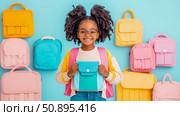 Back to School: Smiling Child with Colorful Backpacks. Стоковое AI-изображение, AI-художник Данила Большаков / Фотобанк Лори