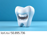 Happy tooth smiling showing healthy white teeth on blue background. Стоковое AI-изображение, AI-художник Иван Рябоконь / Фотобанк Лори