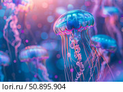 Glowing jellyfish swimming in deep ocean with bioluminescent lights. Стоковое AI-изображение, AI-художник Иван Рябоконь / Фотобанк Лори