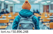A student wearing a bright orange beanie and backpack standing in a blurred classroom, representing the journey of education and academic aspiration for learners. Стоковое AI-изображение, AI-художник Данила Большаков / Фотобанк Лори