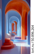 A serene minimalist architectural passage featuring repeating archways and geometric platforms, bathed in soft light with striking orange and blue color contrast, creating a calming abstract indoor s. Стоковое AI-изображение, AI-художник Данила Большаков / Фотобанк Лори
