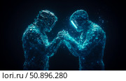 A futuristic confrontation between two digital humanoid entities, composed of vibrant glowing particles, symbolizing an energetic bond or struggle in deep space, ideal for technology advertisement. Стоковое AI-изображение, AI-художник Данила Большаков / Фотобанк Лори