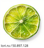 Juicy lime slice showing refreshing pulp and rind on white background. Стоковое AI-изображение, AI-художник Иван Рябоконь / Фотобанк Лори