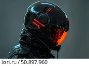 Cyberpunk biker wearing protective futuristic glowing helmet with red lights. Стоковое AI-изображение, AI-художник Иван Рябоконь / Фотобанк Лори