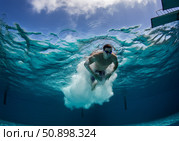 Diver performing a springboard dive into a clear blue swimming pool with splashes of water. Стоковое AI-изображение, AI-художник Гайфуллина Дина / Фотобанк Лори
