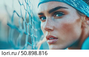 Vibrant Close-up of a Determined Sportswoman, Her Piercing Gaze Set Against a Blue Netting. Стоковое AI-видео, аниматор Данила Большаков / Фотобанк Лори