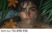 Enchanting portrait of a youthful face with striking green eyes emerging from rippling water surrounded by tropical flora. Стоковое AI-видео, аниматор Данила Большаков / Фотобанк Лори