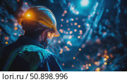 A person in a protective helmet stands within a deep, luminescent cavern, bathed in an ethereal blue glow and surrounded by sparkling orange points of light. Стоковое AI-видео, аниматор Данила Большаков / Фотобанк Лори