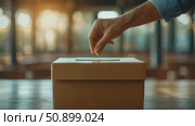 A person's hand casts a ballot into a simple collection box bathed in warm ambient light. Стоковое AI-видео, аниматор Данила Большаков / Фотобанк Лори