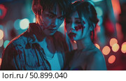 Intense gaze of a blood-stained couple in a dramatic, neon-drenched night scene. Стоковое AI-видео, аниматор Данила Большаков / Фотобанк Лори