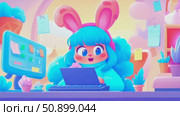 Sweet blue-haired character with pink rabbit ears intently operating a computer amidst a soft, glowing, bubblegum-colored workspace. Стоковое AI-видео, аниматор Данила Большаков / Фотобанк Лори