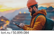 Resource professional in safety gear assessing mineral samples on a tablet at a sprawling industrial excavation. Стоковое AI-видео, аниматор Данила Большаков / Фотобанк Лори
