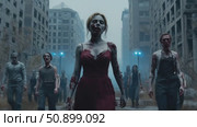 A chilling procession of undead beings shambling through a desolate, crumbling metropolis under a grim sky. Стоковое AI-видео, аниматор Данила Большаков / Фотобанк Лори